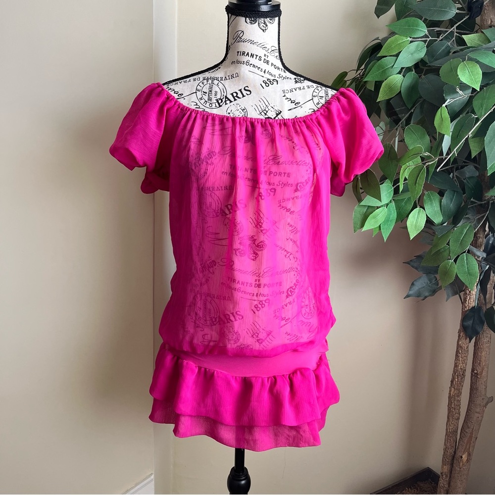 Mandee Sheer Off-Shoulder Ruffle Hem Top Pink Sz L
